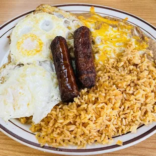 Sausage &amp; Eggs: live a little and try a new combo. A bed of rice and beans.