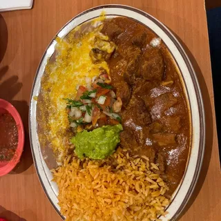 #8 Red Chile, Rice, Beans & Tortillas