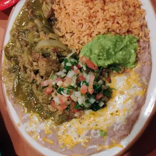 #22 Chile Verde Platter, Rice, Beans, & Tortillas