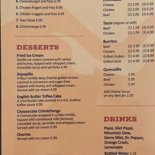 Kids meals, desserts, ala carte and soft drinks