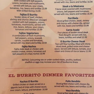 Fajitas, steaks and dinner Favorites !!!