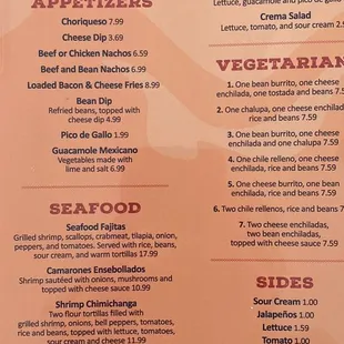 Salads, apetizers, seafood, sides, vegetarian meals, and combination dinners