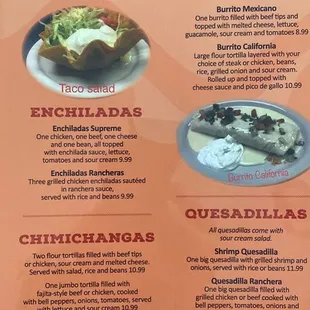 Tacos, chiminangas, quesadillas, burritos and enchiladas