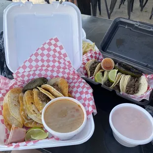 Birria tacos, rice, carne asada street tacos