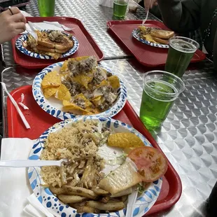 Chimichanga, beef and cheese nachos, omelettes