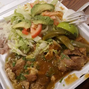 My chili verde combo with rice and refried beans