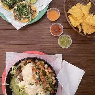 Chile Relleno Burrito Bowl (bottom) Cabeza &amp; Pastor Taco (top)