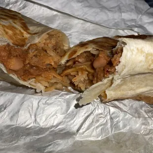 Inside rice, bean, and cheese burrito