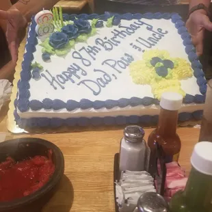 Birthday cake from party at restaurant