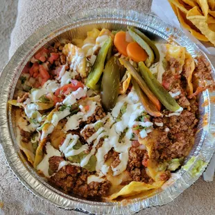 Super Nachos, with Ground Beef and Refried Beans,  + free chips