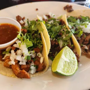 Al pastor, chorizo, and steak tacos