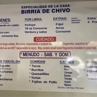 Birria de Chivo ... (No vendemos Birria de Res) Hay Tacos Burritos Quesadillas Tortas - y las otras carnes