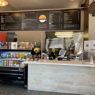 the counter and menus of the restaurant