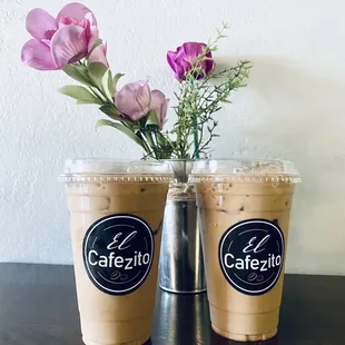 Iced white chocolate mocha latte and iced caramel latte