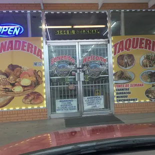 the entrance to a restaurant