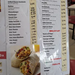 burritos and wraps, menu