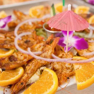 grilled shrimp and orange slices
