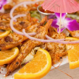 grilled shrimp and orange slices