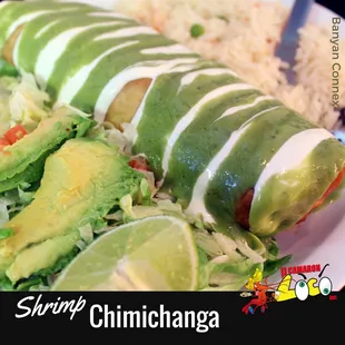 Workout those taste buds, try our yummy Chimichangas. Your choice of shrimp, steak or chicken. Served with sour cream and guacamole on top.