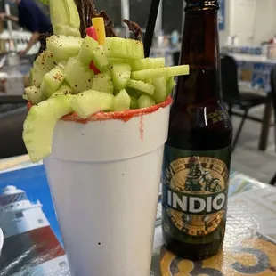 Clamato con carne seca (with an Indio beer)
