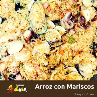 Savor and enjoy our Arroz con Mariscos --- fried rice with shrimp, fish, clams, baby octopus and mussels, with garlic and special seasoning.