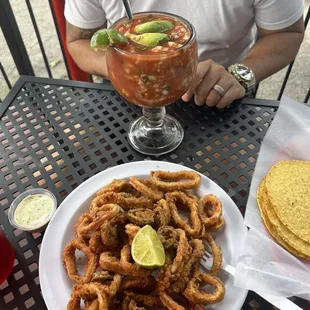 Pictured is the calamari and shrimp cocktail!