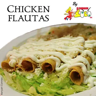 Fried chicken rolls filled with fresh cheese, sour cream, guacamole and served with rice. Also available: Shrimp and Tuna Flautas