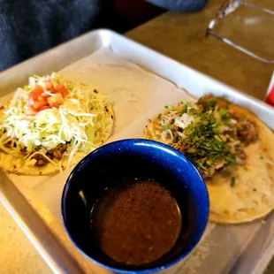 I don't remember what these tacos were, they were hard to distinguish, but note the birria broth