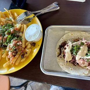 Carne asada fries and a Korean bbq taco