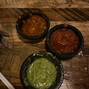 3 different salsas all very good avocado salsa is very fresh, habenaro salsa great if you like something a little spicy