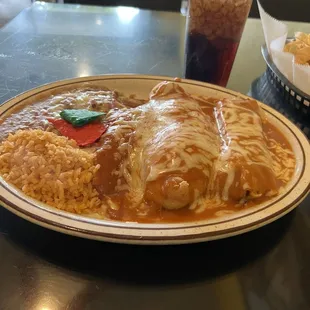 The 3 amigos . Chile relleno , cheese enchilada , tamales, rice and beans