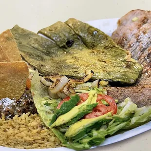 Rice, beans, salad,nopal, two cecinas and homemade tortillas