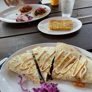 Seitan tacos and spinach and mushroom quesadilla