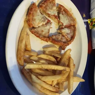 kids cheese pizza and fries