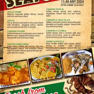 a menu for seafood
