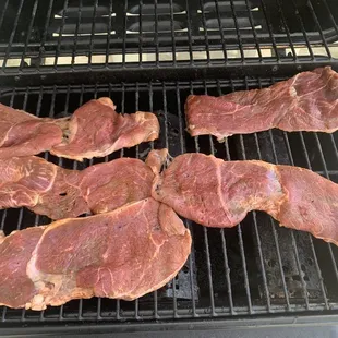 Marinated shoulder meat ($5.99/lb) ok; flap meat is better