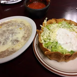 Chile relleno + taco salad (with ground beef and no guacamole)