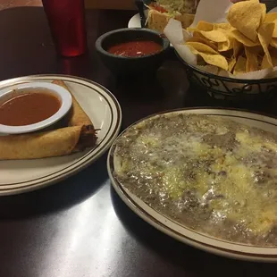 Chips and salsa, Chile relleno (2), chicken taquitos (3)