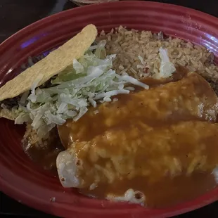 Beef taco, 2 beef enchiladas with rice. Combination #1