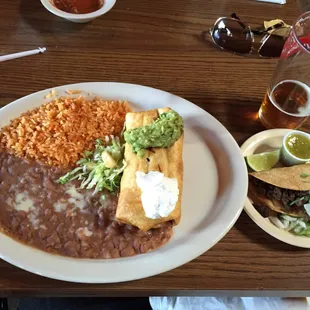 Chimichanga dinner with a carne Assad taco side and Sierra Nevada