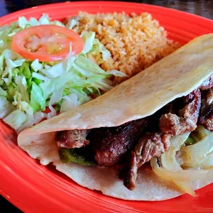 Half Steak Quesadilla with Salad and Mexican Rice (Lunch Menu). Muy Delicioso!