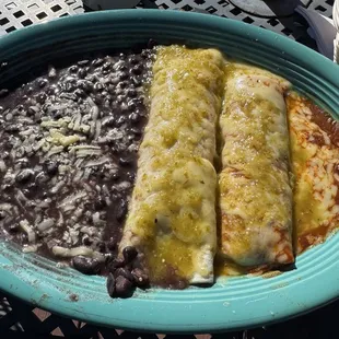 Sunny Lunch @ the deck at 55° - burrito salsa verde beef enchilada and frijoles negros