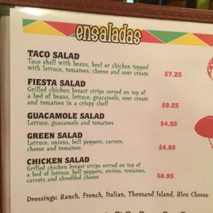 Salad menu