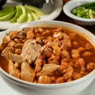 Delicious Pozole, pork hominy soup.