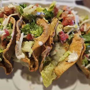Crispy taco mix n match: chicken, steak, and potato (all vegan of course)