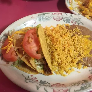 #1 2-Beef Tacos w/ rice and beans