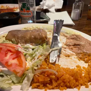 Delicious! Chimichanga (steak) with rice and beans. Everything was delicious. The service was warm and welcoming. Very relaxed experience!