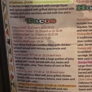 Menu with carne asada price