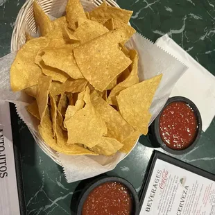 a basket of tortillas and salsa