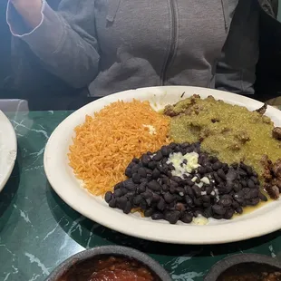 Steak Chile verde, black beans and rice